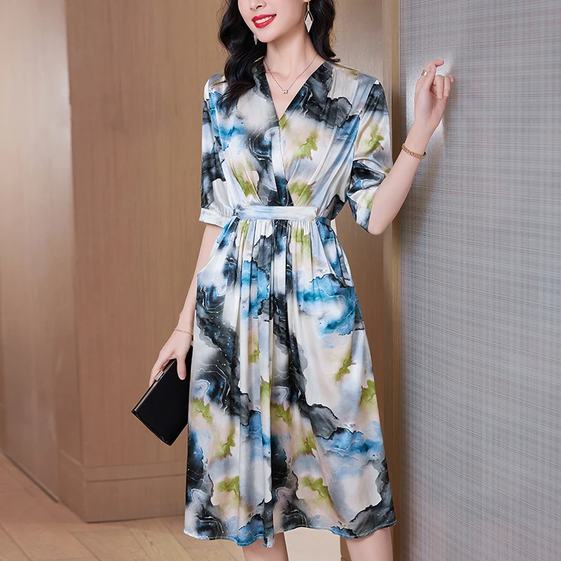 

New 19 Momme Real Silk Women's Satin Dress 2026 Summer V-neck Half Sleeve Elegant Dresses For Women Print Long Dress A-line