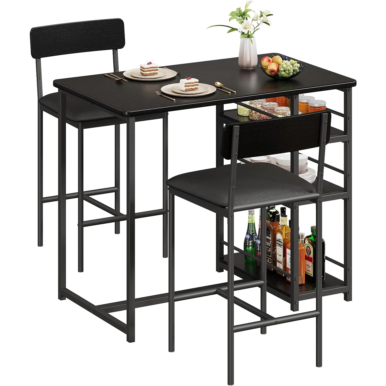 Space-Saving 3 Piece Dining Table Set for 2 – Counter Height Kitchen Table & Chairs with Upholstered Seats, Bar Table with 3 Storage Shelves, For Small Spaces, Apartment, Bistro, Rustic Black