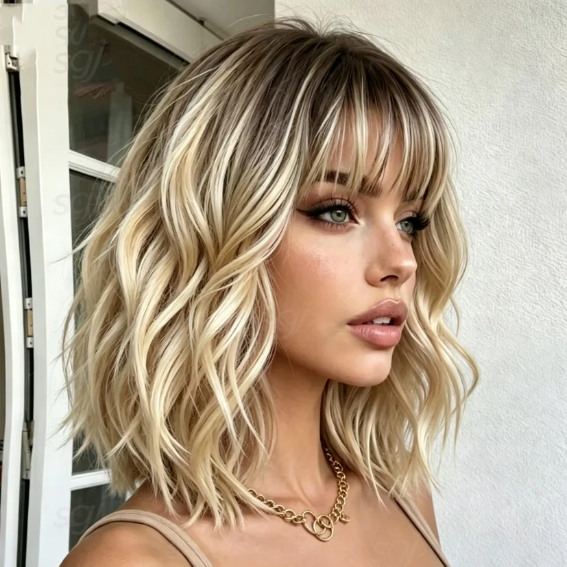 Glueless Fashion Highlight Blonde Soft Natural 18inch Wave 180 Density Deep HD lace front wig, suitable for women Heat Resistant