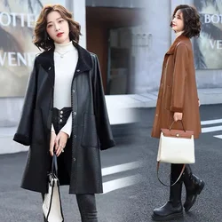 2026New Leather Coat Women's Long Mother's Autumn Winter Korean Jacket Loose Large Size Fur One Windbreaker Female Trend Tops
