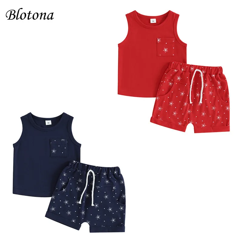 

Blotona Toddler Boy Summer Shorts Set Star Print Round Neck Tank Tops with Elastic Waist Shorts 2Pcs Outfit 0-3Y