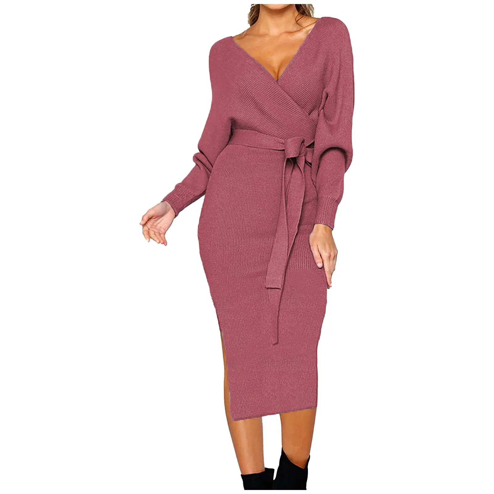 Women Knitted Sweater Dress Wrap Belted Tunic Midi Vestidos Long Sleeve V Neck Split Casual Autumn Winter Office Lady Dresses