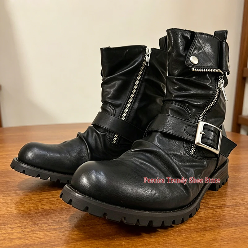 

Retro Pleated Thick Soled Western Boots for Men Vintage Belt Buckle Round Toe Zipper Motorcycle Boots Trendy Men's Casual Shoes