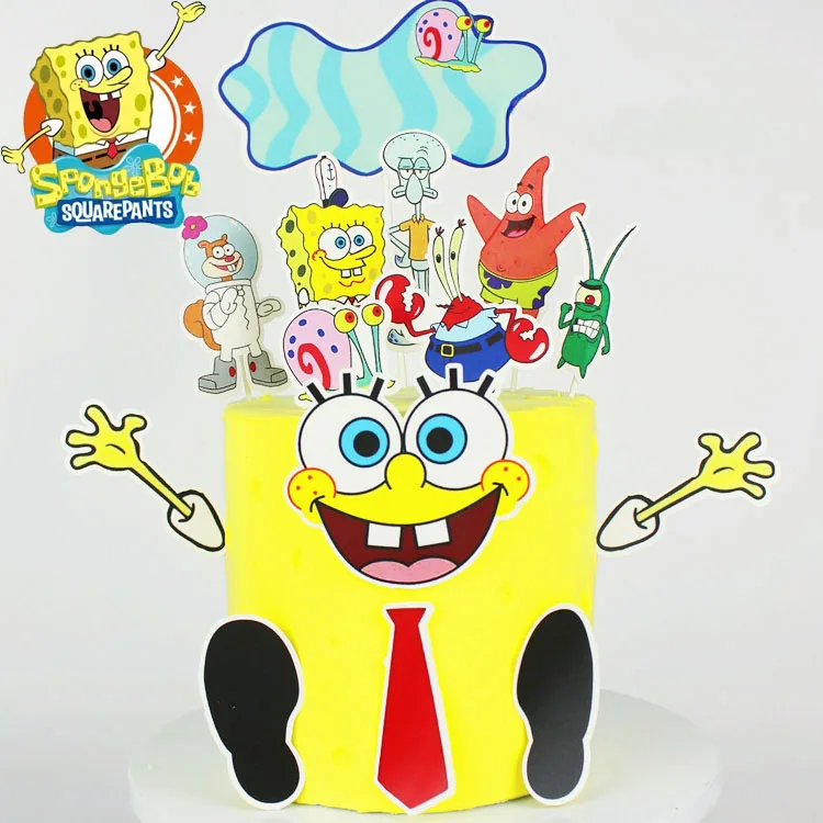 14pcs Sponge-Bob Cake Insert Topper Set Children\'s Happy Birthday Party Decoration Cute Cartoon Patrick Stars Baby Shower Supply