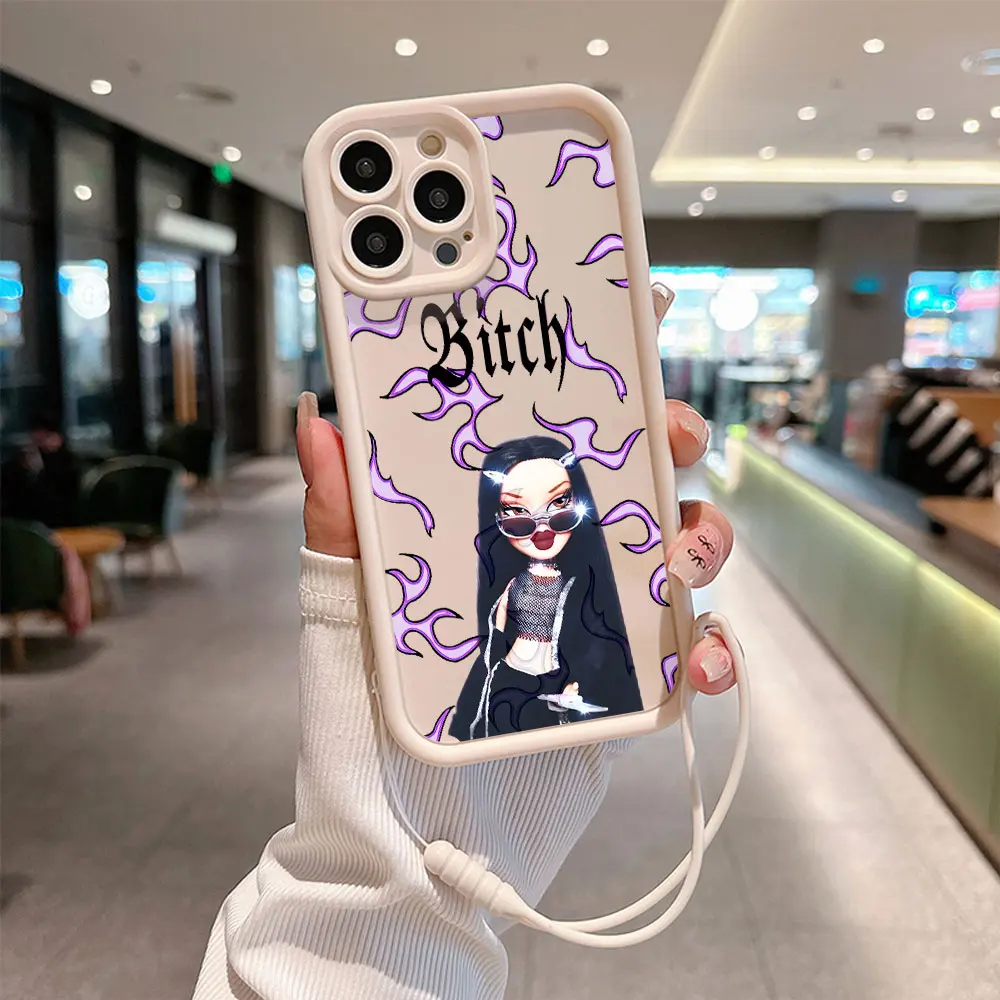女の子用ハンドストラップ付きのかわいい電話ケース,ソフトtpuバックカバー,bratz人形,iphone 15, 14, 13, 12, 11 pro max,mini,xr,xs,x,7 8プラス