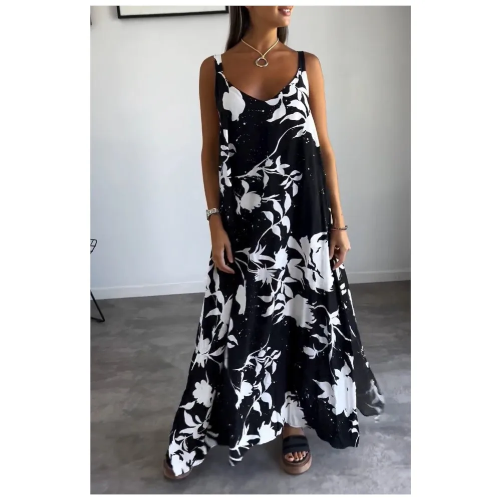 Robe longue de vacances décontractée pour femmes, imprimée, col en v, sans manches, dos nu, mode, Sexy, bretelles, Maxi, nouvelle collection été 2025