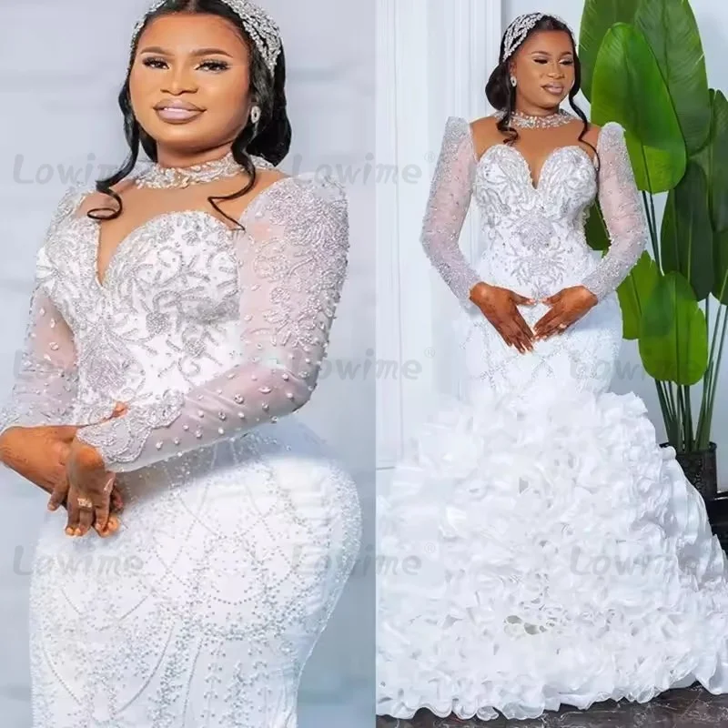 White Mermaid Wedding Dress Two Piece Customized African Bridal Gown With Detachable Skirt Long Sleeve Plus Size Bride Dresses