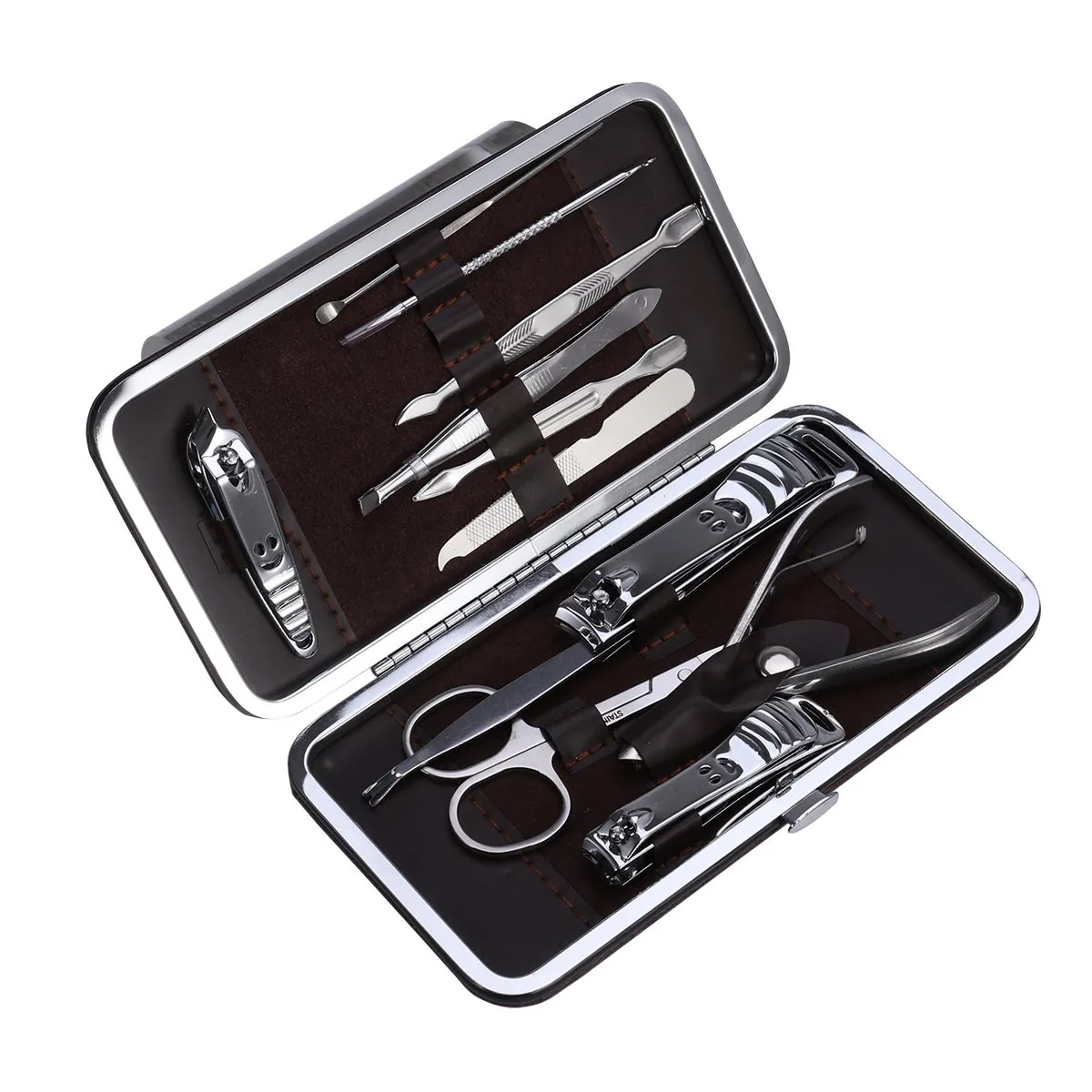 12Pcs Stainless Steel Manicure Pedicure Set Silver Brown PU Bag Tweezers Clippers Files Grooming Kit Nail Care