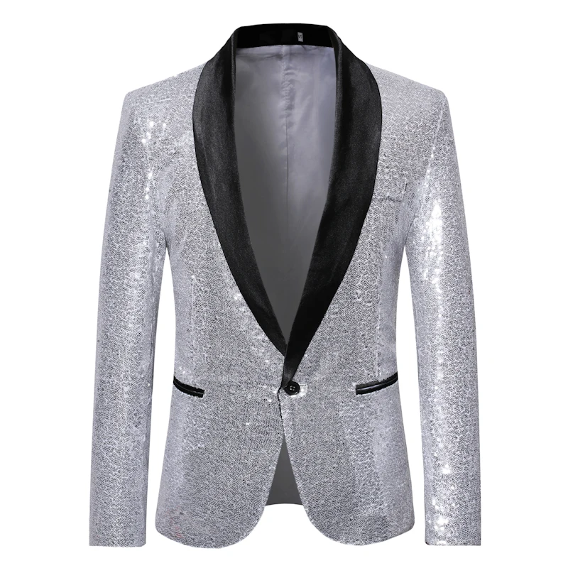 Black Sequin One Button Shawl Collar Suit Jacket Men, Bling Glitter Nightclub Prom DJ Blazer Coats Men Stage Clothes for Singers