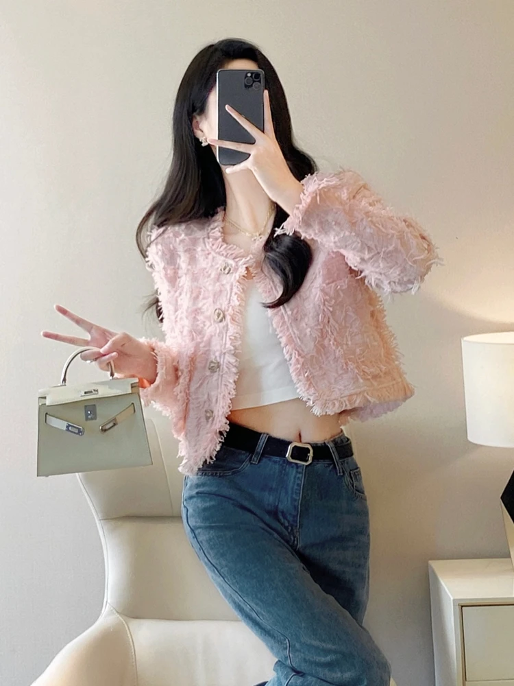 

Pink Bouclé Knit Fringed Outerwear Women's Autumn Winter 2024 New High-End Korean Sle Ladylike Coat Straight Cut round Ne...