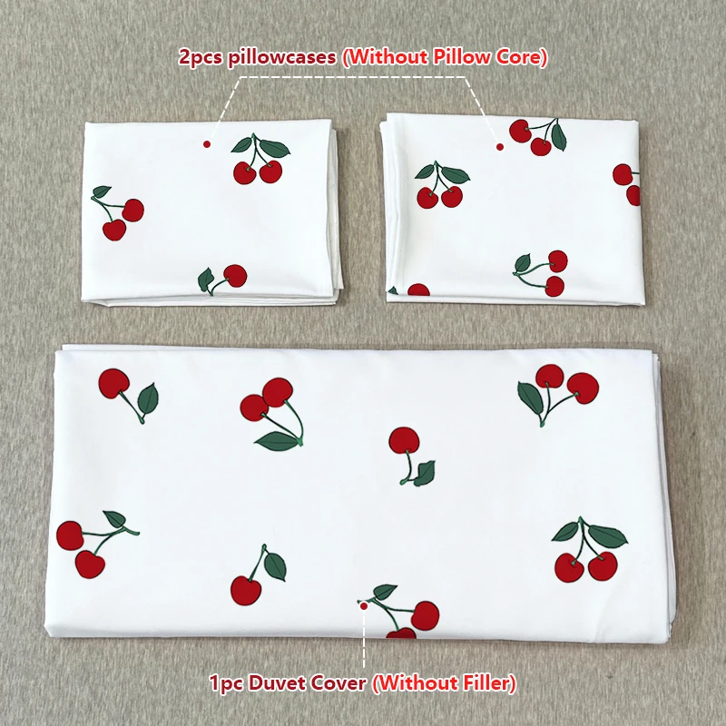 

3PC Red Background White Cherry Duvet Cover Set With Fruit Print Pattern (1 Duvet Cover+2 Pillowcases), Soft to the Touch