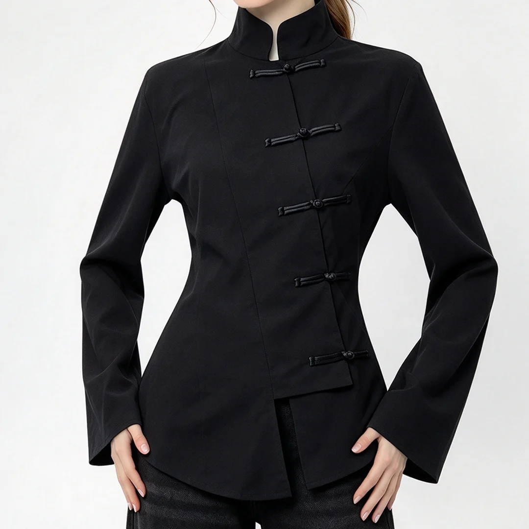 Women's Black Mandarin Collar Blouse with Frog Buttons Chinese Style Flared Sleeve Casual Long Sleeve Shirt for Fall Winter