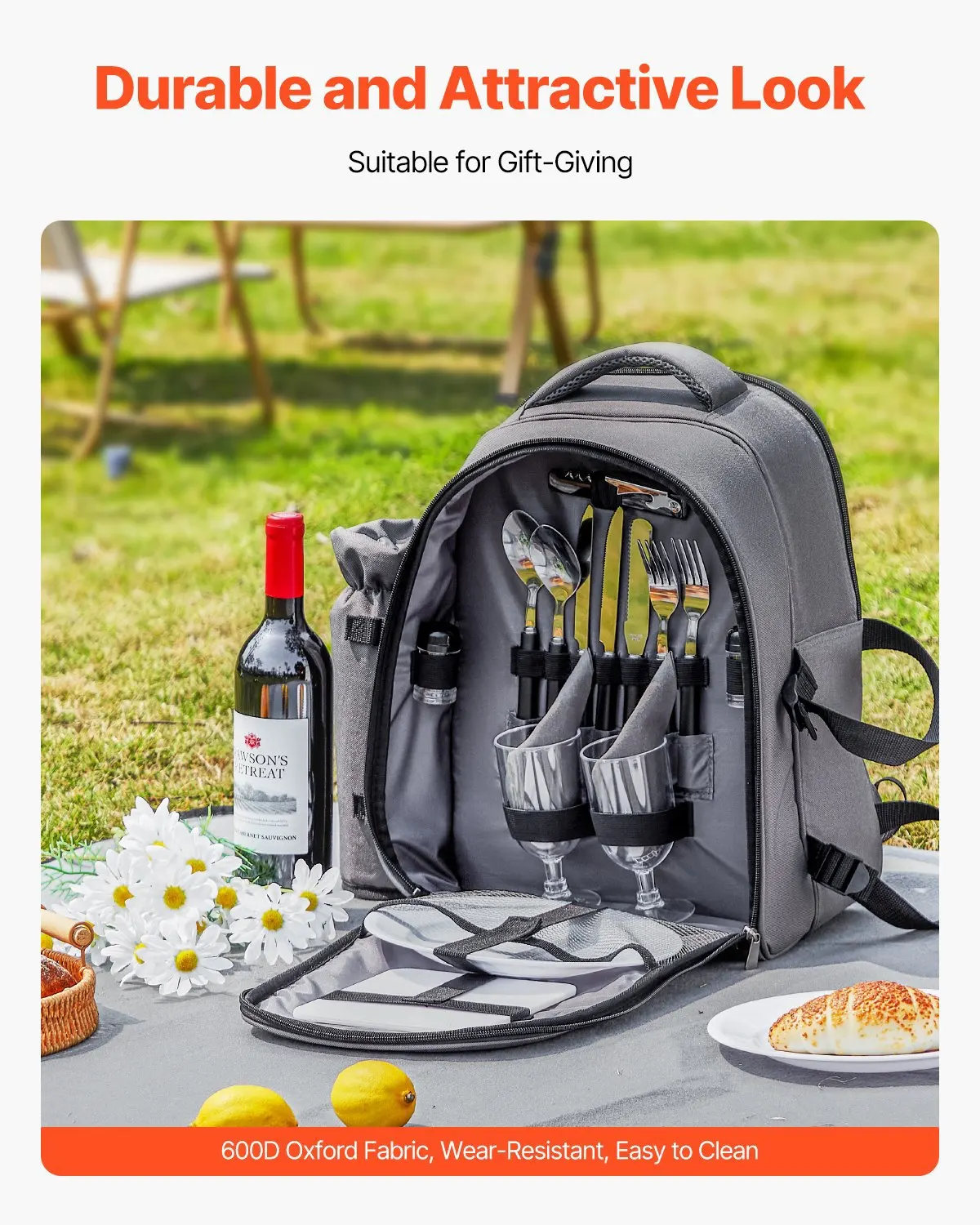 Mochila de Picnic, Mochila de Picnic para Playa para 2 Personas con Compartimento Refrigerador Aislado, Porta Botellas/Vino Desmontable, Ligera