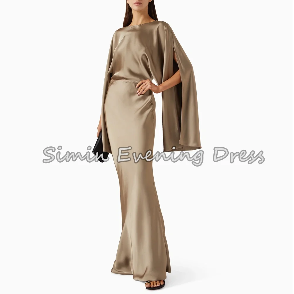 

Simin Satin O-neck Mermaid Floor Length Simple Evening Dresses For Women 2025 With Long Sleeves Pleats Saudi Elegant Party Dress