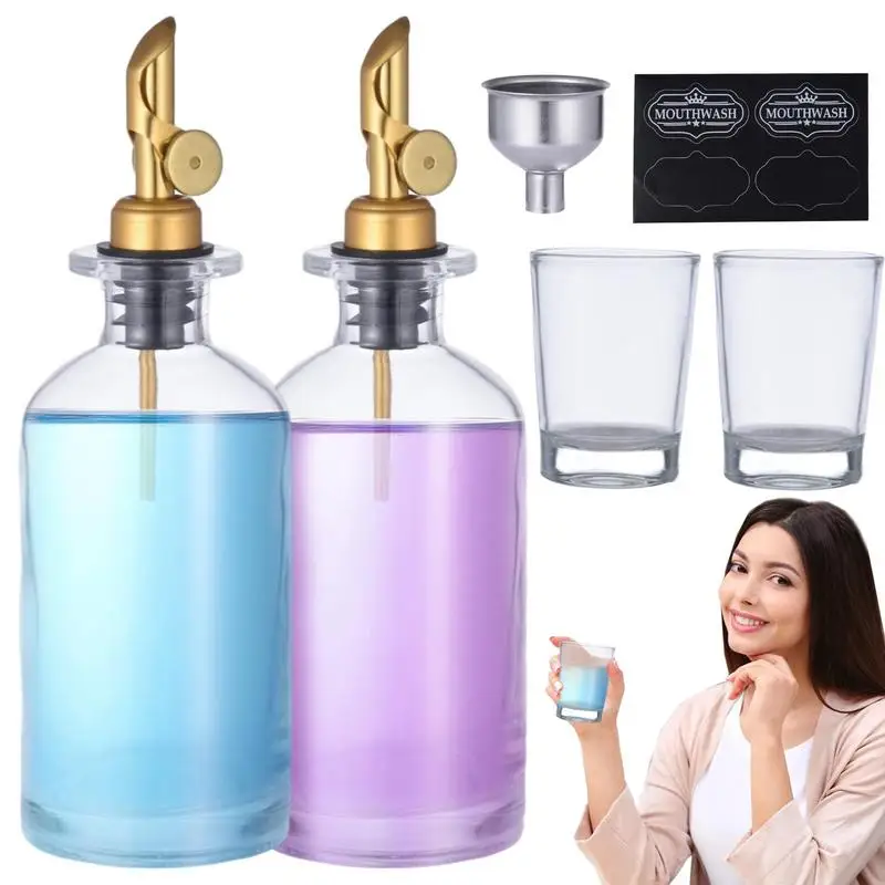 

Mouth Wash Dispenser Bottle 12oz/350ml Transparent Mouthwash Bottle Set With Stainless Steel Spout Funnel Labels Cups Countertop