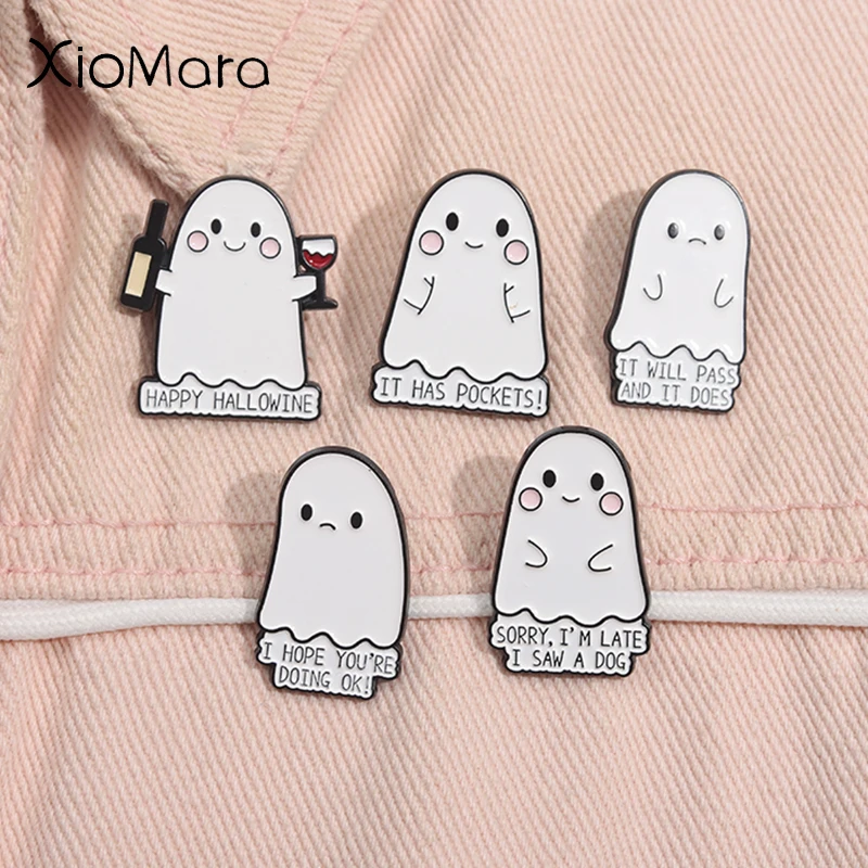

Cute Boo Ghost Enamel Pins It Has Pockets Happy Hallowine Halloween Metal Brooches Lapel Badge Cartoon Jewelry Gifts For Friends