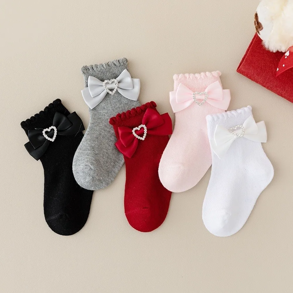 1 Pair Bow Decorated Baby Girls Ankle Socks Soft Cotton Ruffle Design Toddler Ankle Socks Breathable Mid Calf Socks