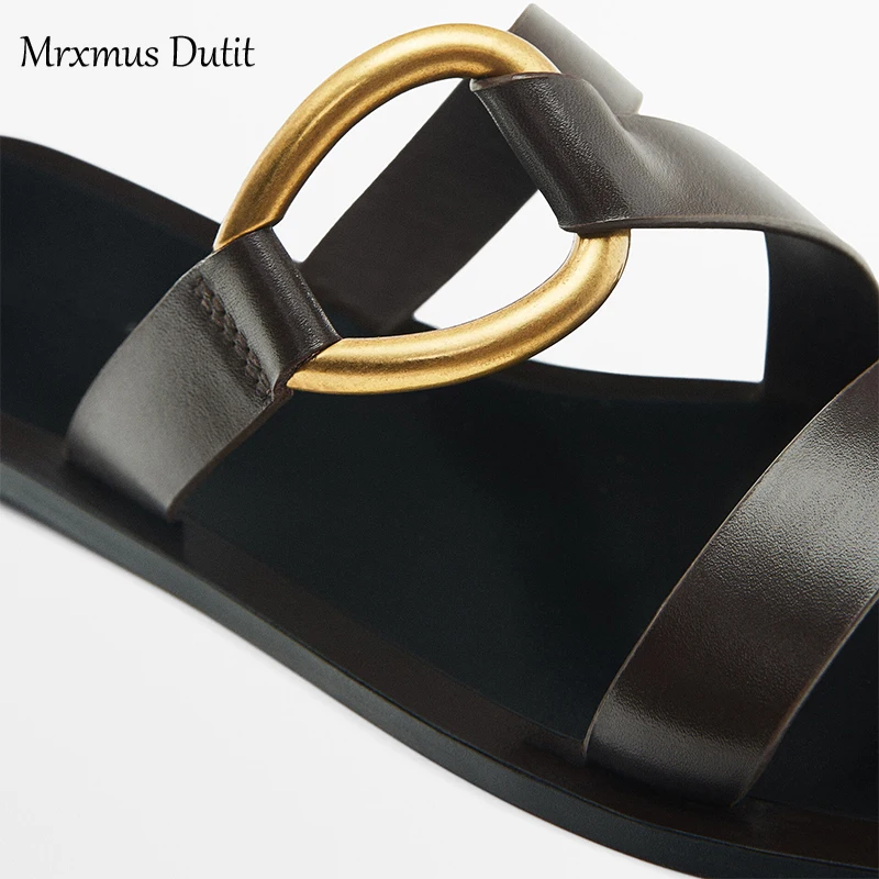 Mrxmus Dutit Metal-Ring Trim Flat Sandals 2023 New Summer Fashion Genuine Leather Women Sandals Casual Simple Beach Shoes