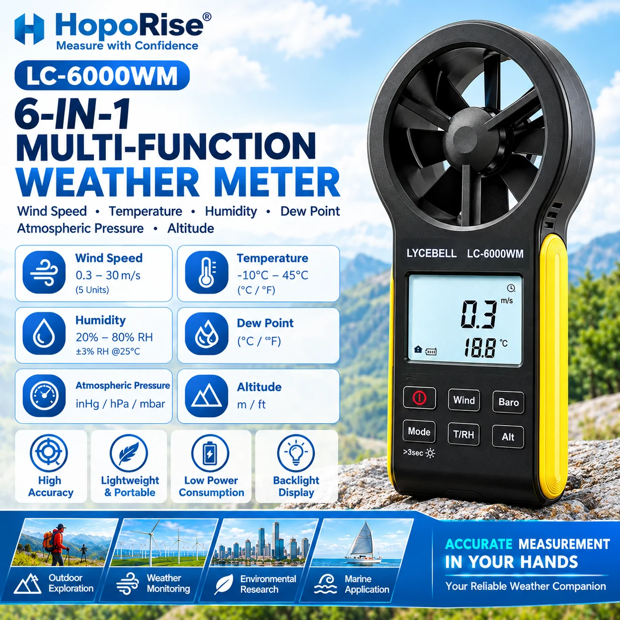 6 In 1 Handheld Wind Speed Gauge Anemometer with Barometer Altitude Temperature Humidity for HVAC Outdoor Meteorology