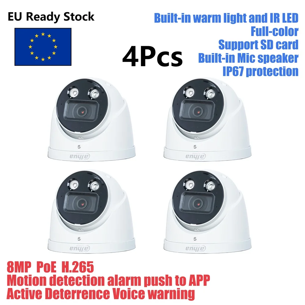 4x HDW3849H-AS-PV S4 Dahua 8MP Smart Dual Light Active Deterrence Eyeball WizSense Network Camera built-in Mic speaker