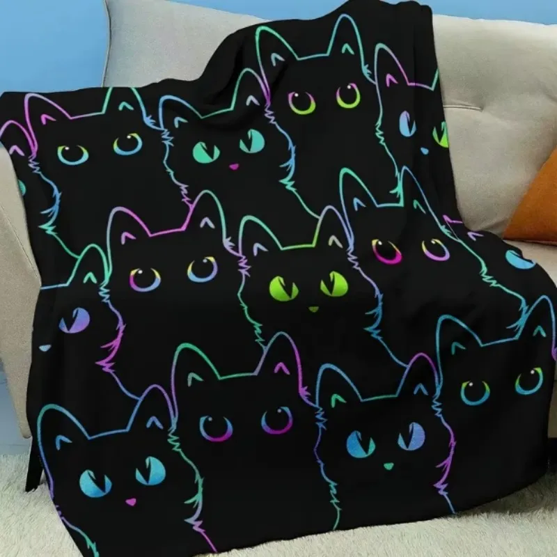 بطانية فيكاما كارتونية سوداء على شكل قطة من الفلانيل، مناسبة للمكتب والديكور المنزلي والأسرة والأرائك والسيارات وبطانيات القيلولة