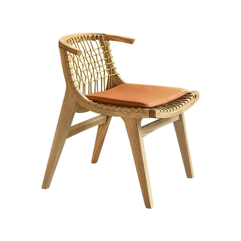 Wabi Sabi Wind Dining Chair Solid Wood Simple Armchair Art Rope Chair Homestay Restaurant Leisure Chair