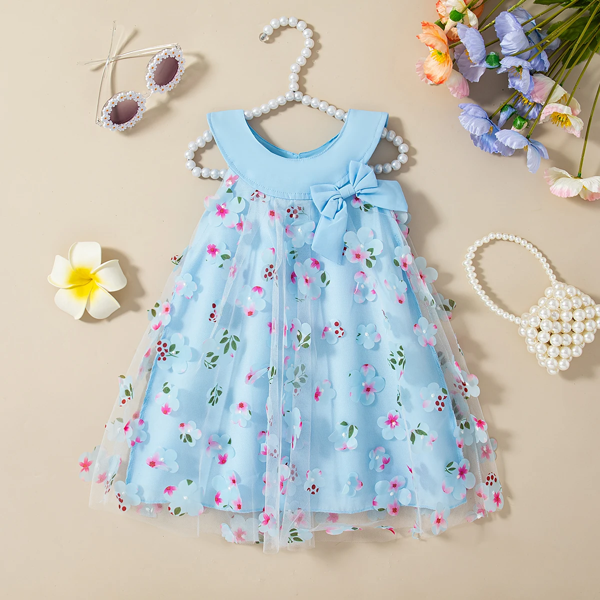 (0-3 Years) New Summer Girls Dress Halter Floral Floral Mesh Bow Round Neck Sweet Princess Dress Birthday Party Party Dress