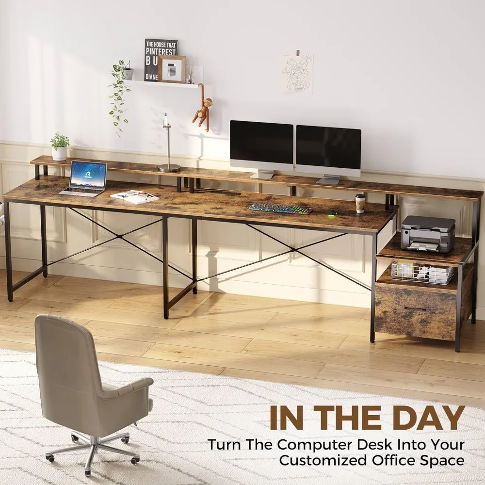 Computer Desk with File Drawer, 64" L Shaped Desk with Power Outlet & LED Strip, L Shaped Corner Desk with File Cabinet, Home O