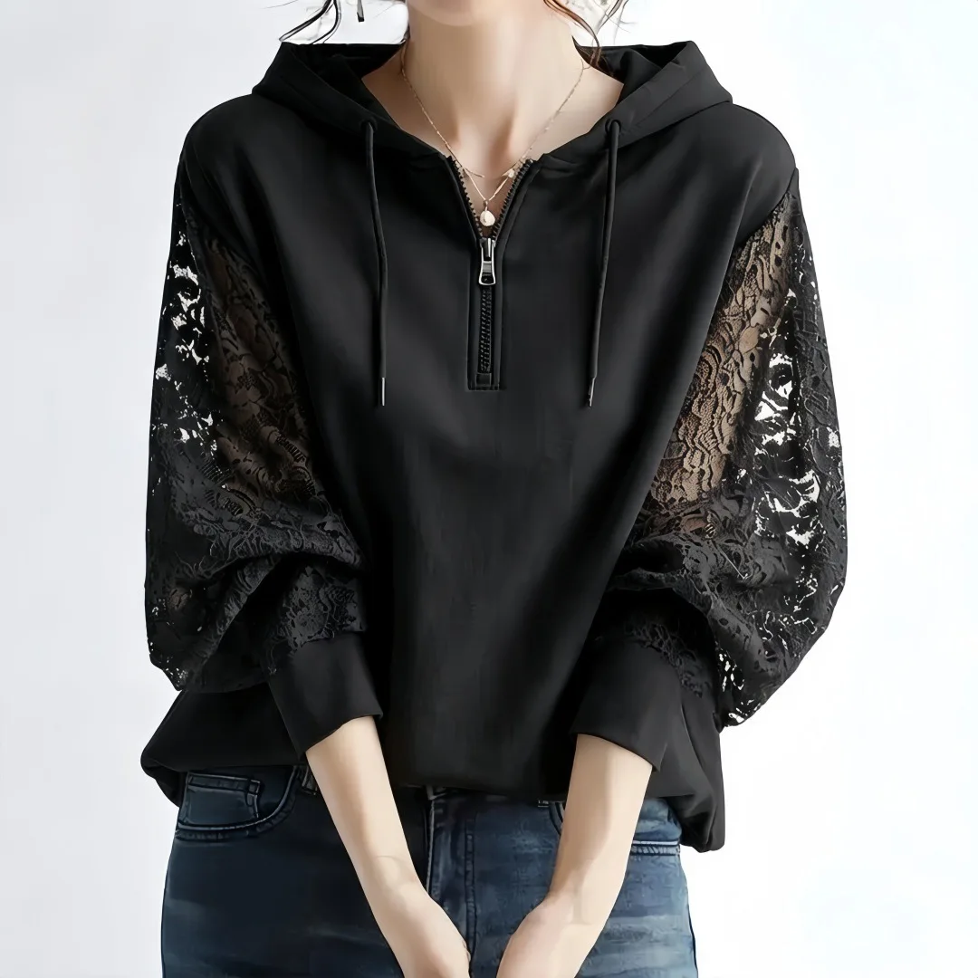 Japanese-Style Spring-Summer New Vintage Lace Hooded Sweatshirt For Women, Elegant Pullover With Textured Feel,