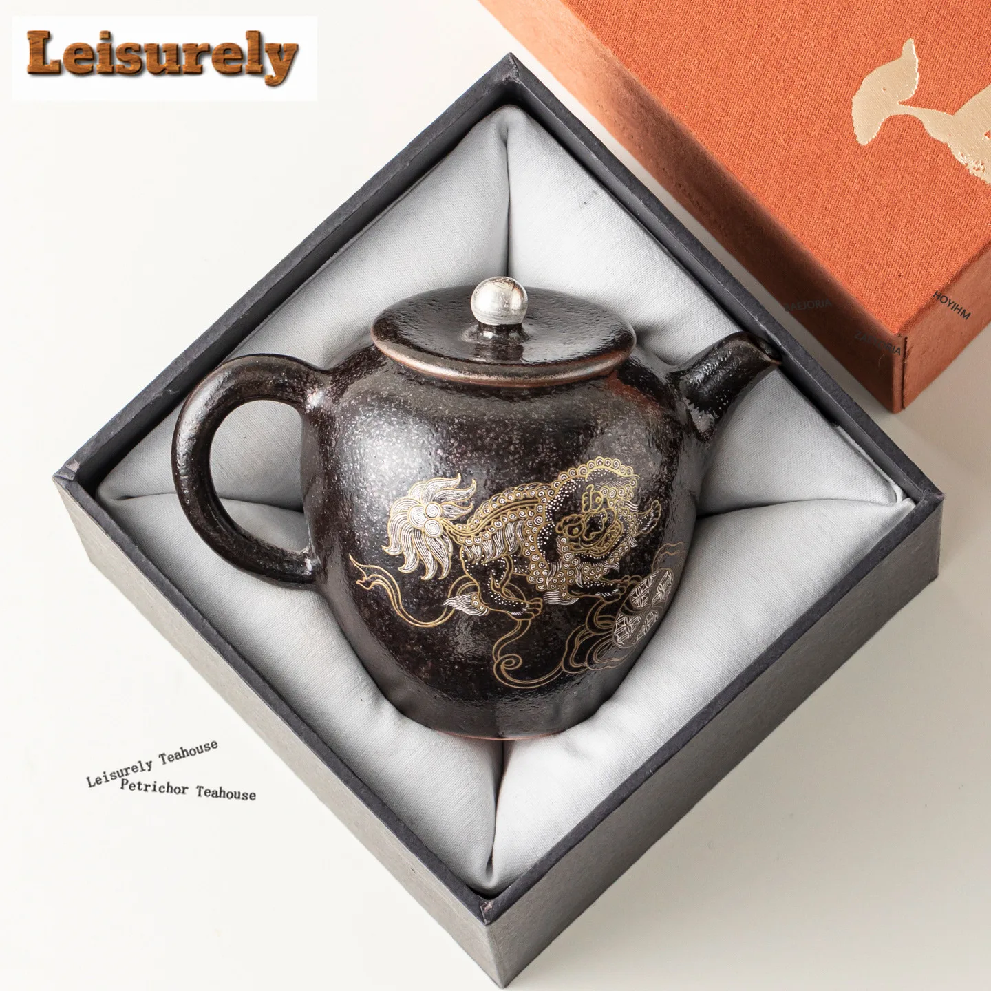 HOYIHM 130ml Gold And Silver Inlaid Black Shino Lion Teapot Handmade Tea Infuser Pot Tea Making Kettle With Strainer Tea Gifts