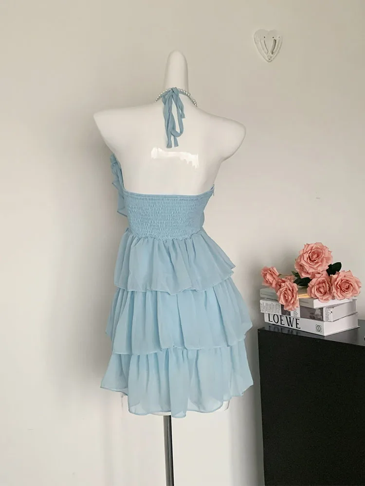 French Ruffle Spaghetti Strap Dress Solid Fashion Party Prom Sundress Ruffle Sleeveless 2000s Aesthetic Sweet Fairy Dress Chic