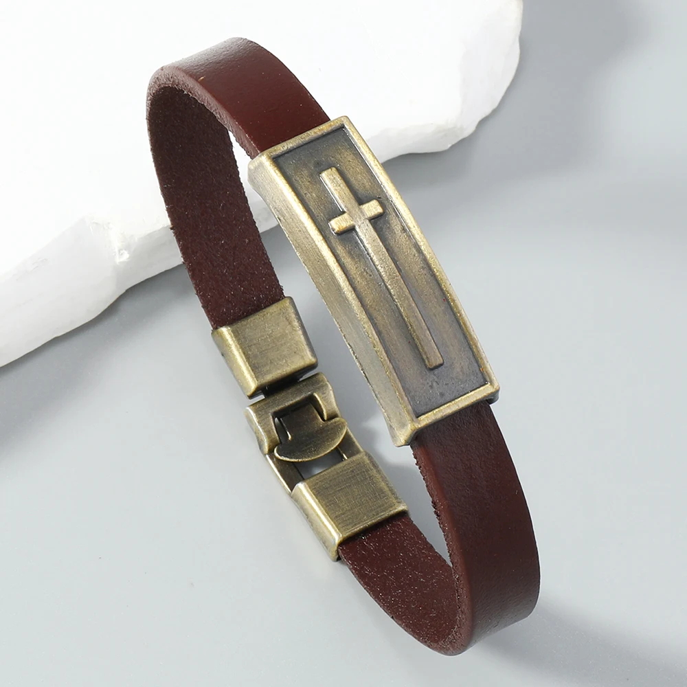1 Piece Cross bangle vintage leather bracelet for men