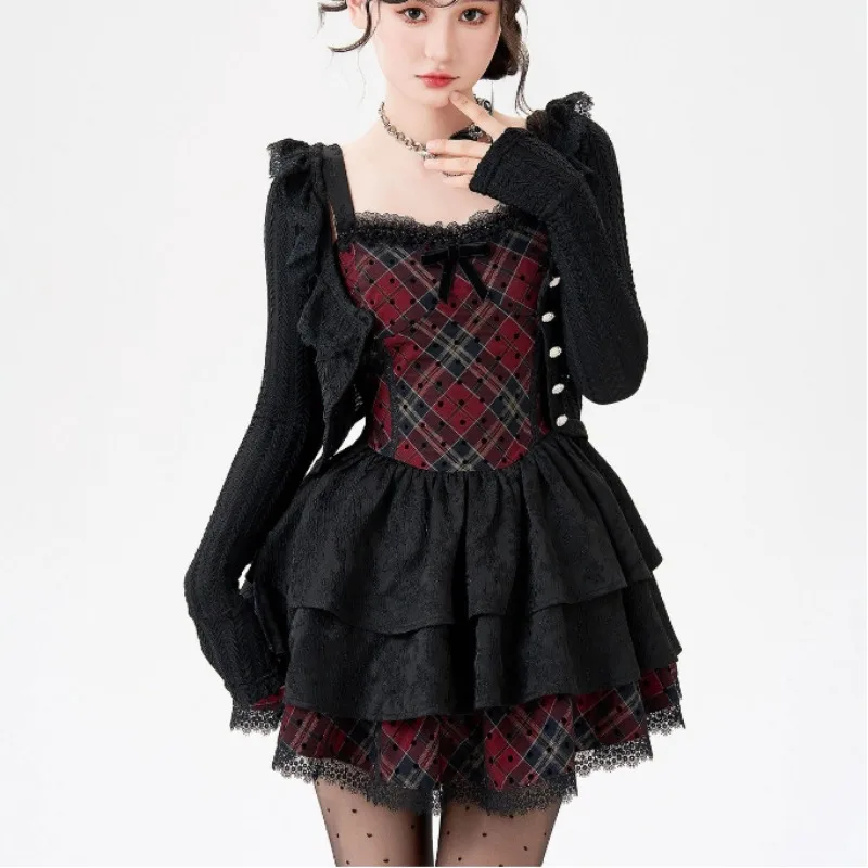 

Harajuku Black 2 Piece Sets Women Casual Y2k Clothing Gothic Dress + Cardigan Coats Vintage Suits Outwear Outfits Party Clothing