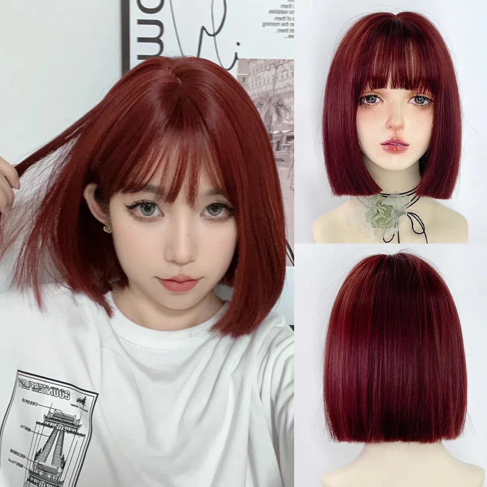 

Synthetic Red Short Straight Women Bob Wigs with Bangs Lolita Cosplay Nature Fluffy Hair Wig for Daily Party