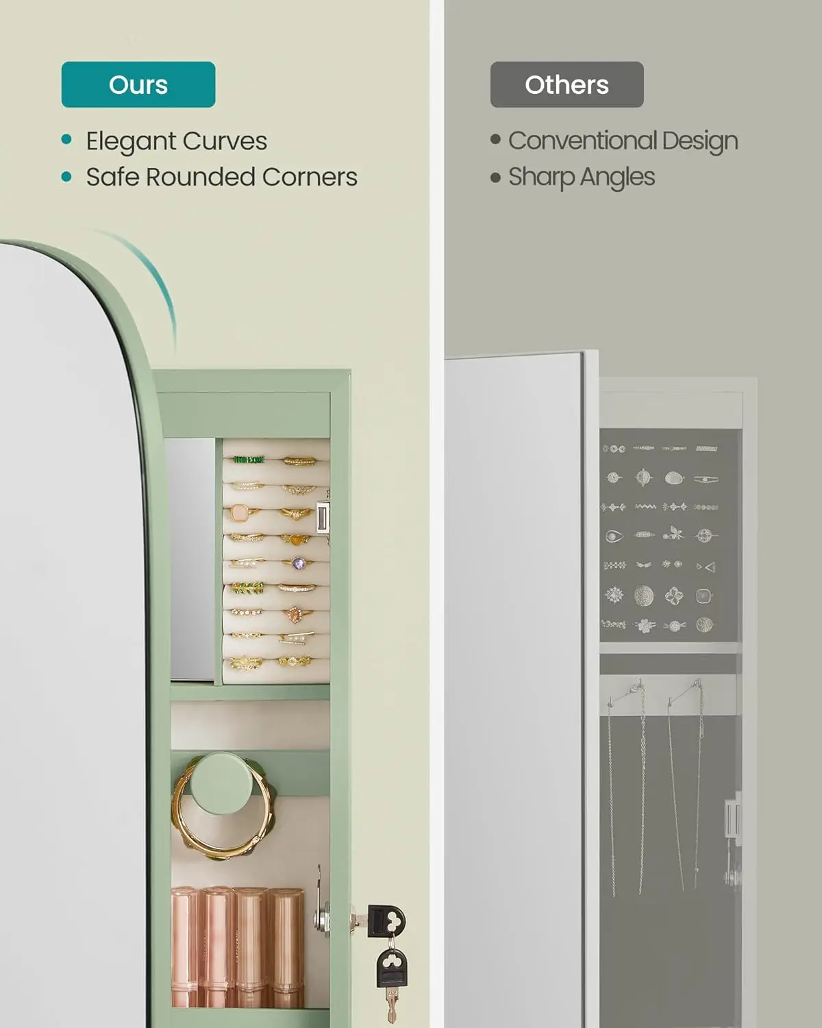 منظم المجوهرات، خزانة مجوهرات LED مثبتة على الحائط/الباب، مرآة واسعة مستديرة مع مساحة تخزين، مرآة داخلية #3