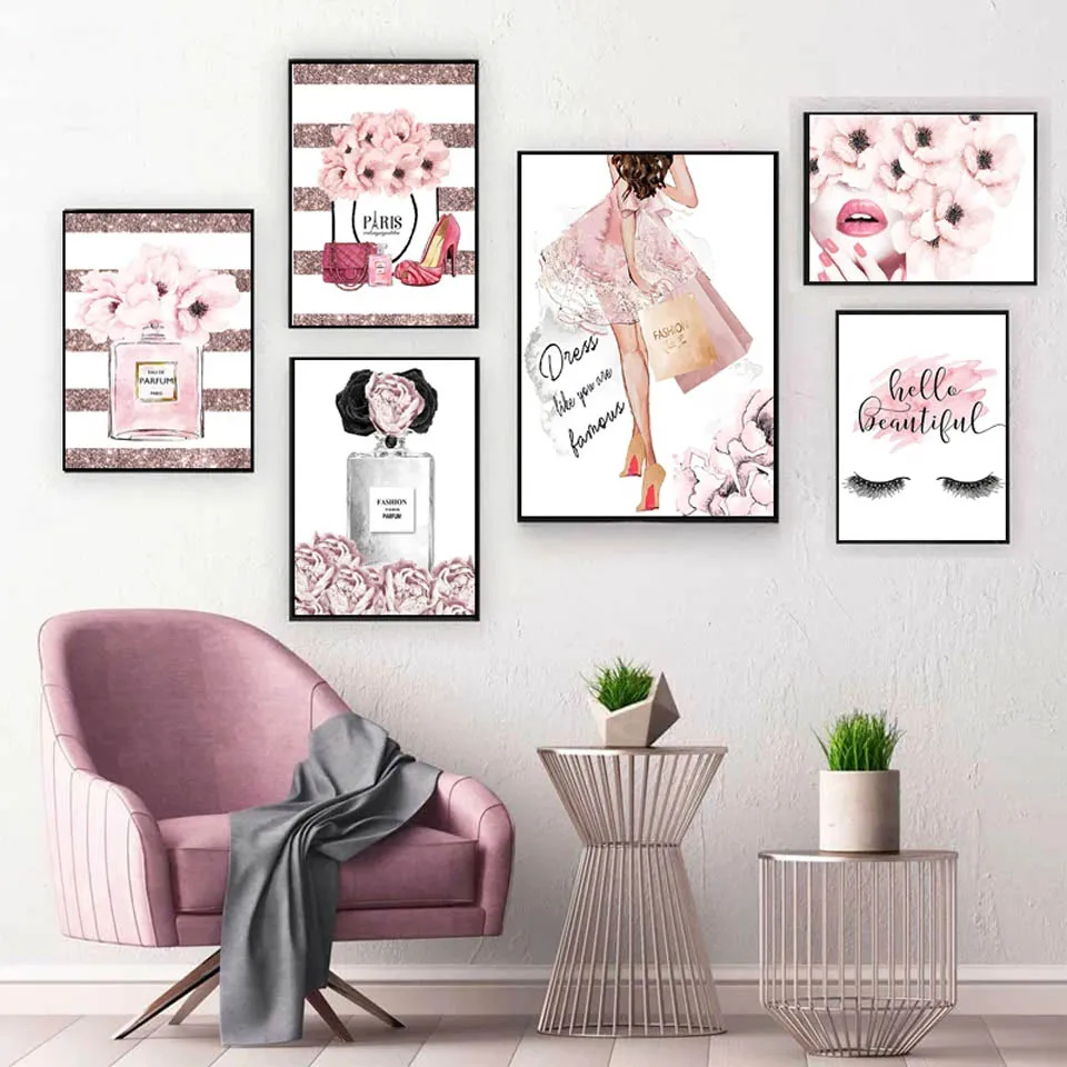 Fashion Pink Girl Room Decor Perfume Eyelash Lip High Heels Diamond Painting Cross Stitch Kits Diamond Mosaic For Beauty Shop