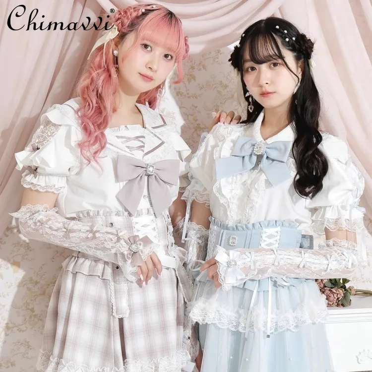 2025 ฤดูร้อนใหม่ญี่ปุ่นMineลูกไม้น่ารักโบว์แขนสาวหวานผู้หญิงCos Rhinestoneโบว์ลูกไม้Oversleeve Lolita Handwear