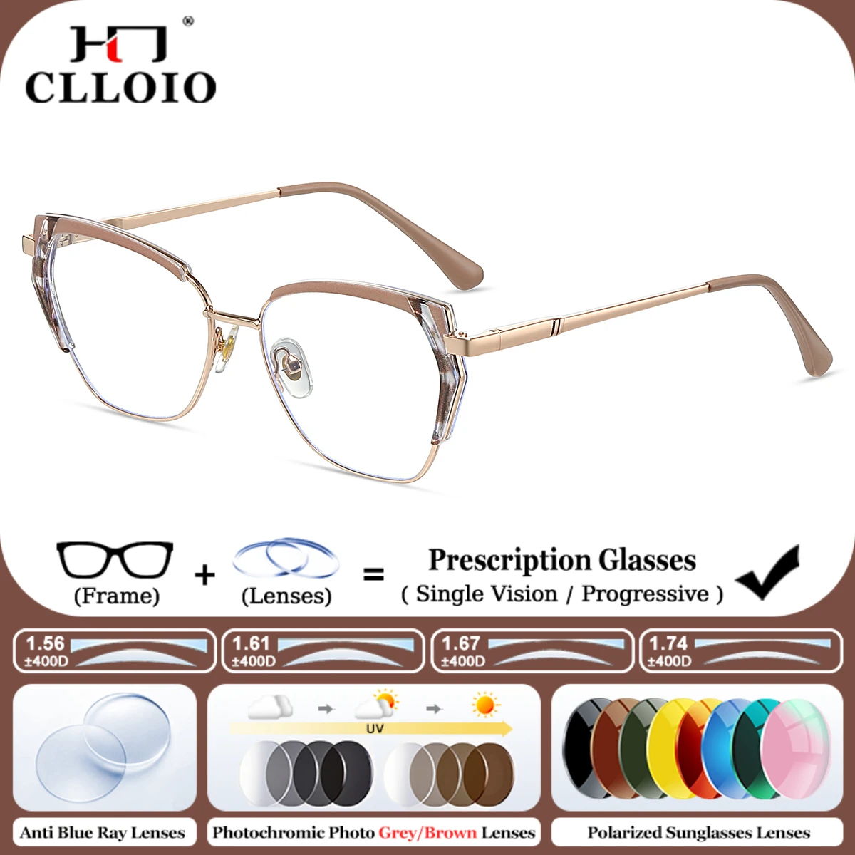 

CLLOIO Fashion Butterfly Progressive Reading Prescription Glasses Women Simple Optical Blue Light Filter Photochromic Eyeglasses