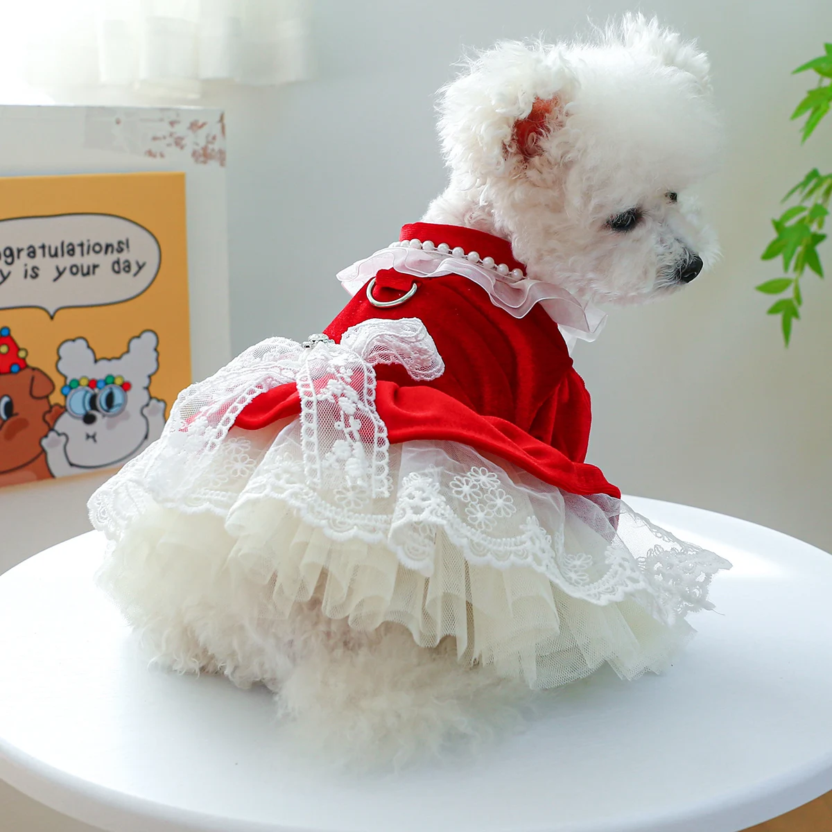 1PC Pet Clothing Cat Spring Autumn Red Velvet Bowknot Princess Dress Wedding Dress With Drawstring Buckle For Small Medium Dogs