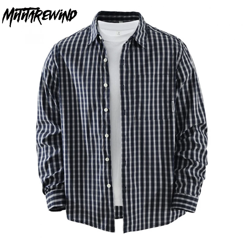 

Classic Style Harajuku Men Plaid Shirt Long Sleeve Spring and Autumn Casual Shirts Daily Lapel Pocket Button Shirt Jacket Men