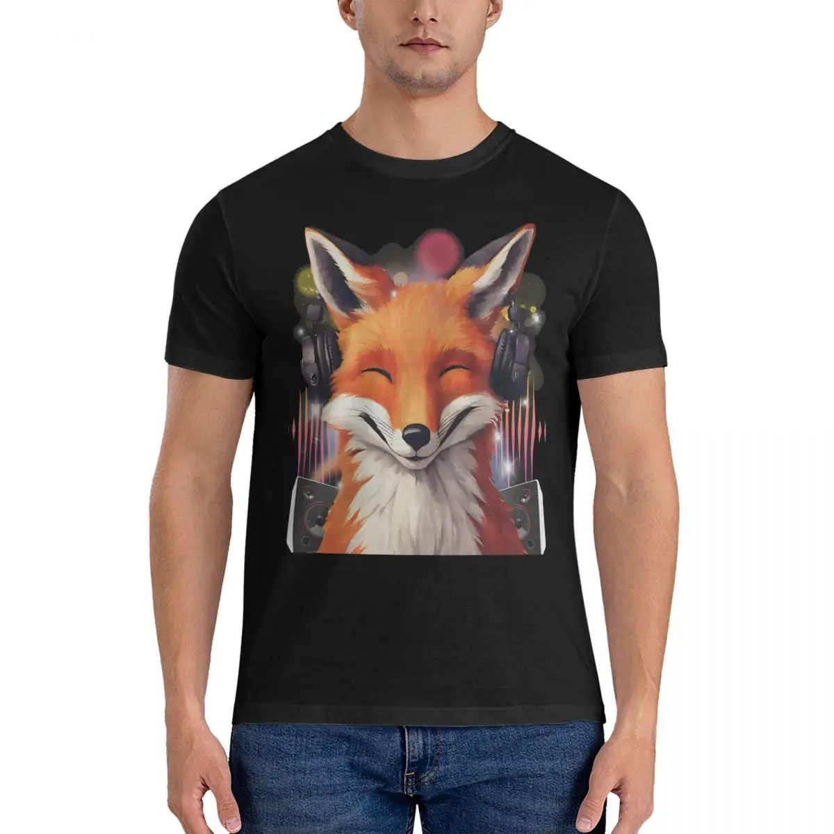 Animal Music T-Shirts Men Smiling Musical Fox Hipster Cotton Tees Crewneck Short Sleeve T Shirt Adult Clothes