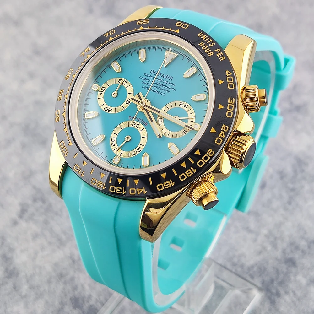 الأعمال 39 مللي متر ساعة كوارتز رجالية كرونوغراف الياقوت كريستال VK63 حركة العربية مضيئة الهاتفي الفولاذ المقاوم للصدأ ساعة رجالي