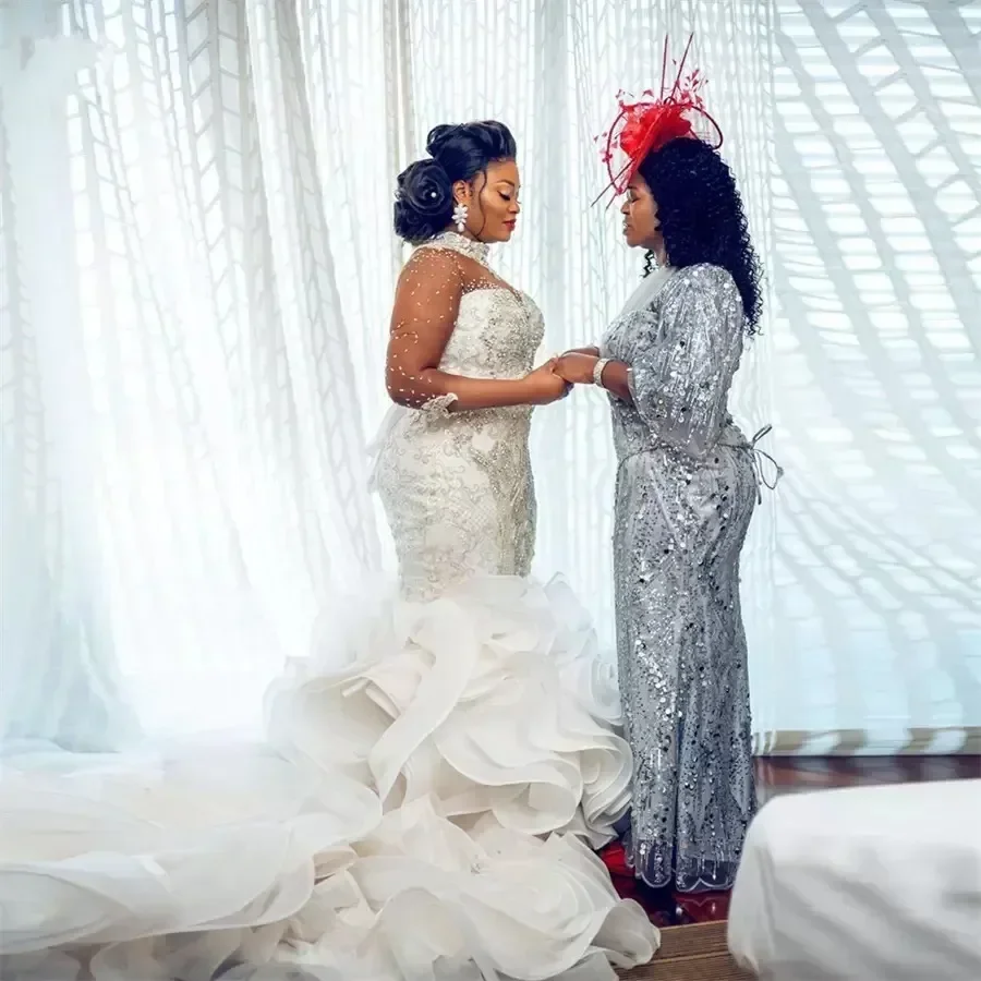 

Свадебные платья на заказ с оборками, длинными рукавами, расшитые бисером, фасон «русалка»