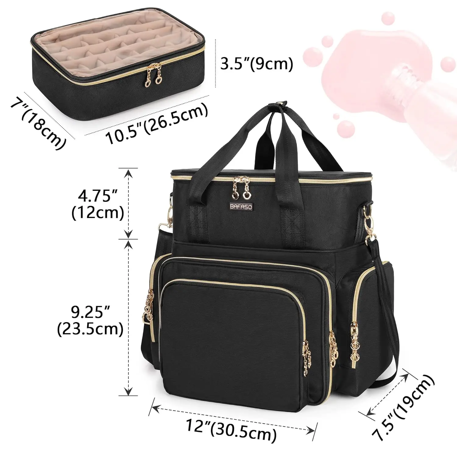 70本のボトルスロットとネイルドライヤーを備えた二層ネイルポリッシュオーガナイザー、取り外し可能なポーチとツール収納付き、ブラック