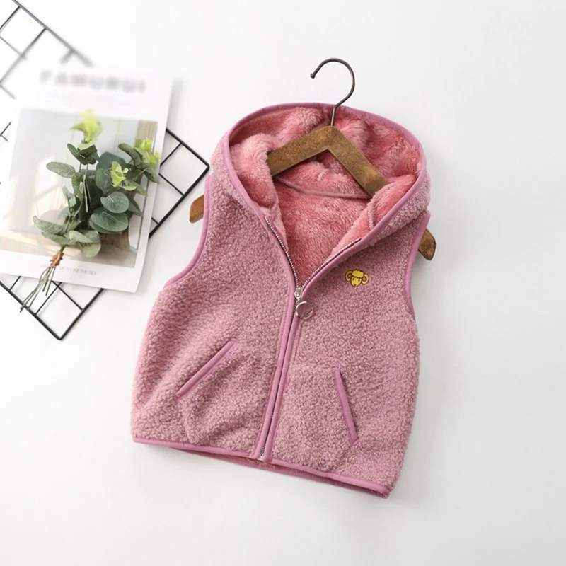 Autumn Winter Lamb Wool Plus Velvet Children Vest  Sleeveless Hooded Outerwear Solid Casual Vest Baby Boy Girl Warm Kids Coat