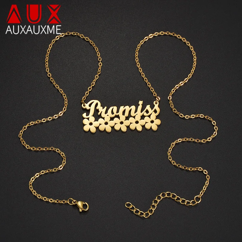 

Auxauxme Custom Flowers Name Necklace Stainless Steel for Women Lover Friend Personalized Nameplate Choker Jewelry Gifts