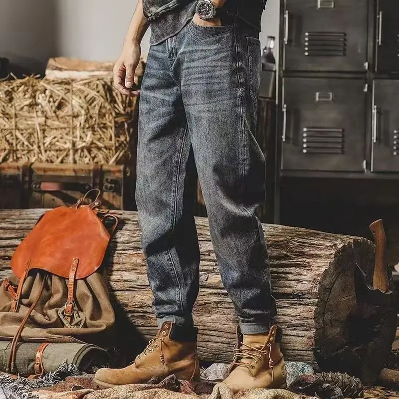 Celana Jeans Kerja Ukuran Besar Vintage Klasik Pria Model Lurus Longgar Tahan Aus Kancing Paris Musim Gugur Musim Semi Katun Denim