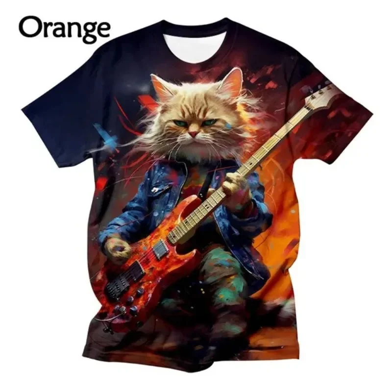 Cat Playing Guitar 3d Printed T-shirts Street Hip-hop Tshirt Casual Cool T-shirt  Cosplay Men\'s Clothing Haikyuu T-shirt for Men