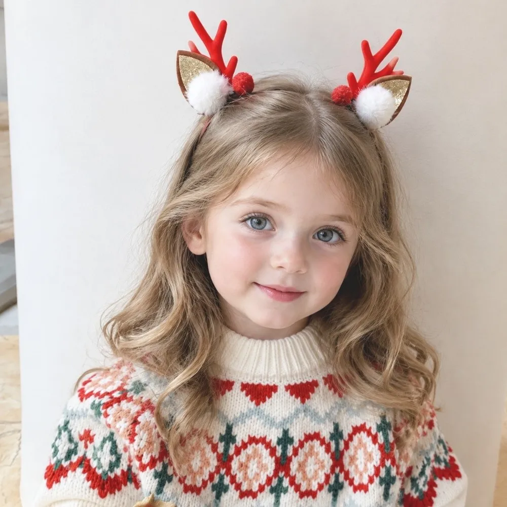 1 Pair Cute Pom-pom Decor Antler Hair Clips Glitter Cartoon Reindeer Hair Barrettes Deer Ear Headbands Xmas Costume Party