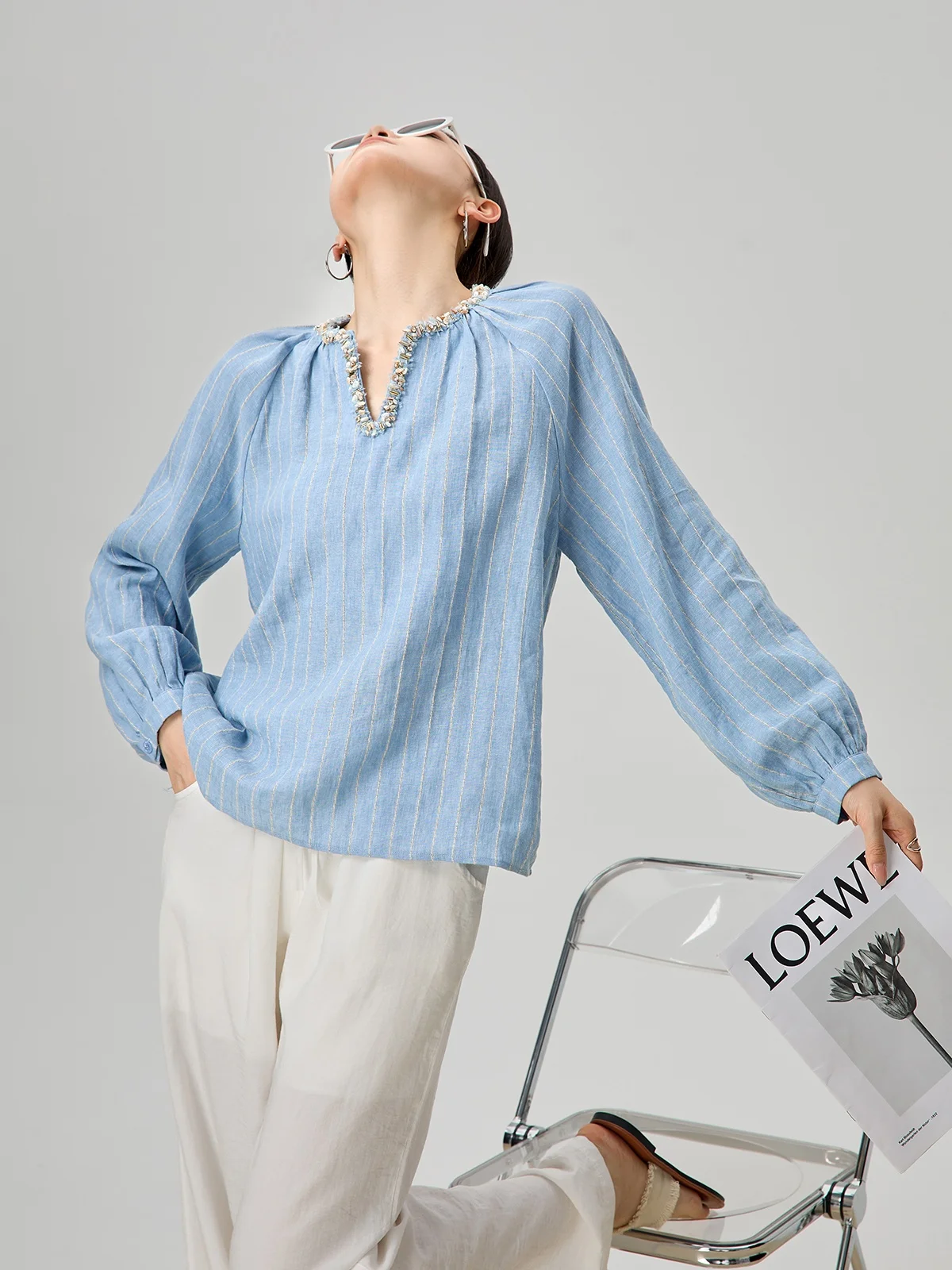 

Blue Linen Stripe Long Sve Women's Sun Protection irt Summer Design Unique Top Casual Loose Fit Polyester Cotton Blend